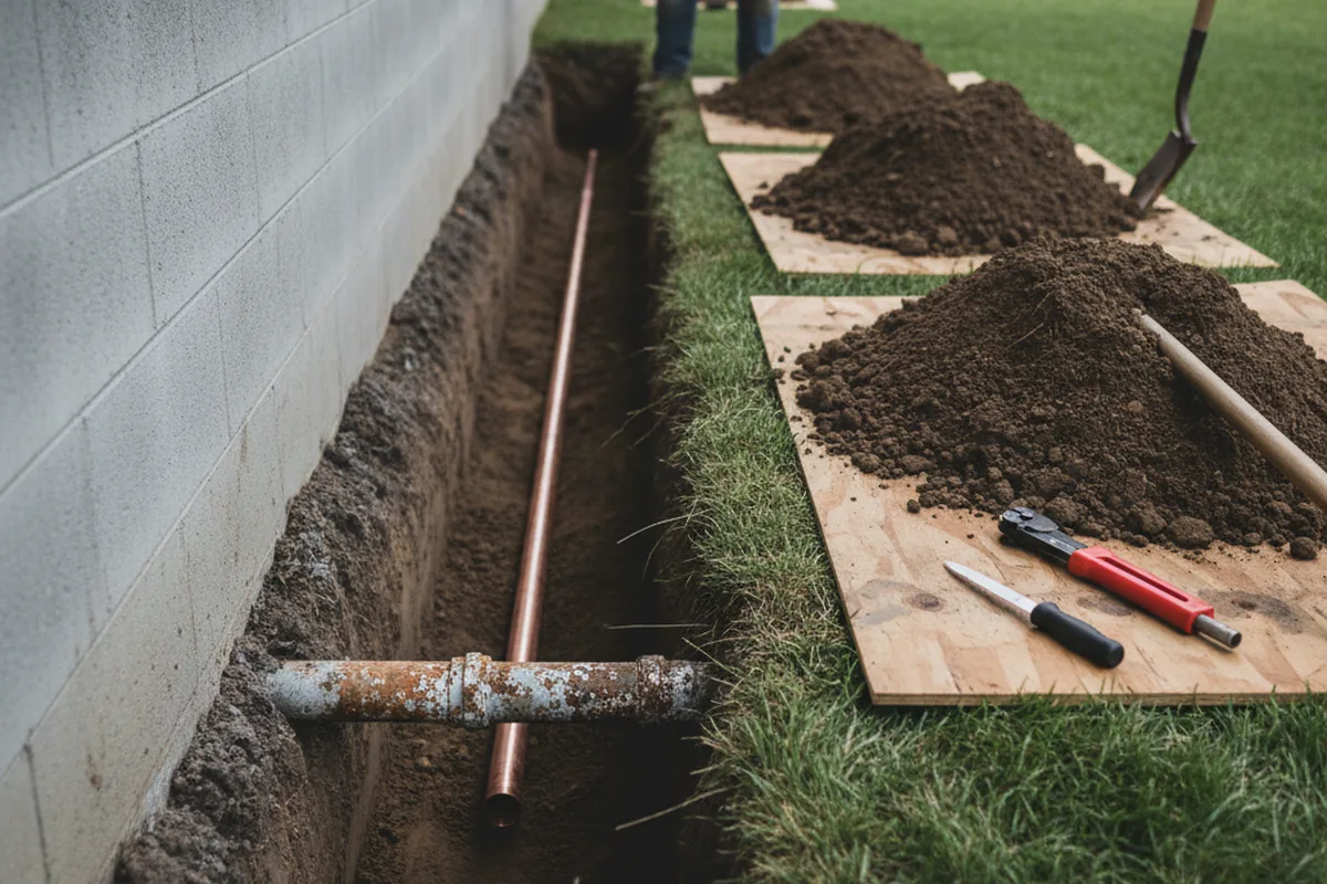 Excavated water line trench during Sewer Line Repair in Frisco